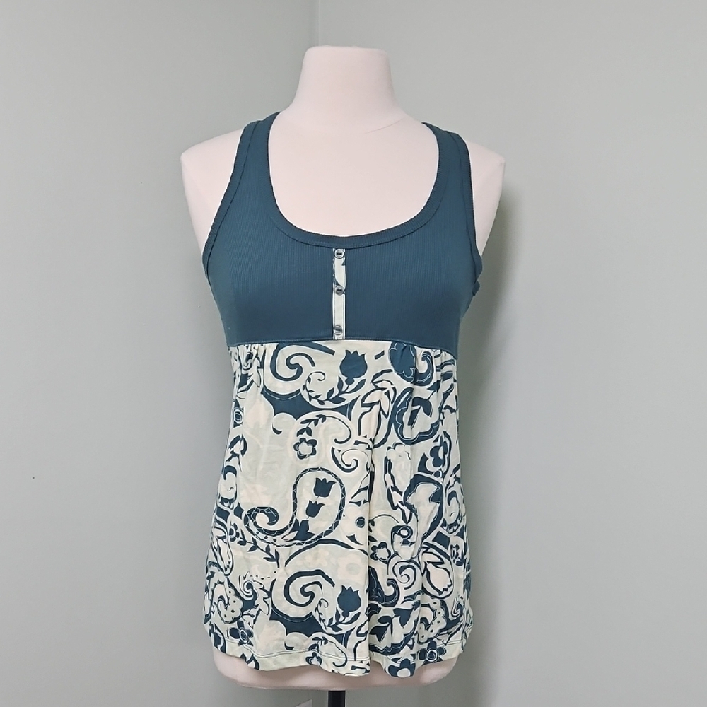 Bohemian Floral Tank Top Ribbed Knit Stretchy Buttons Mint Green Large
